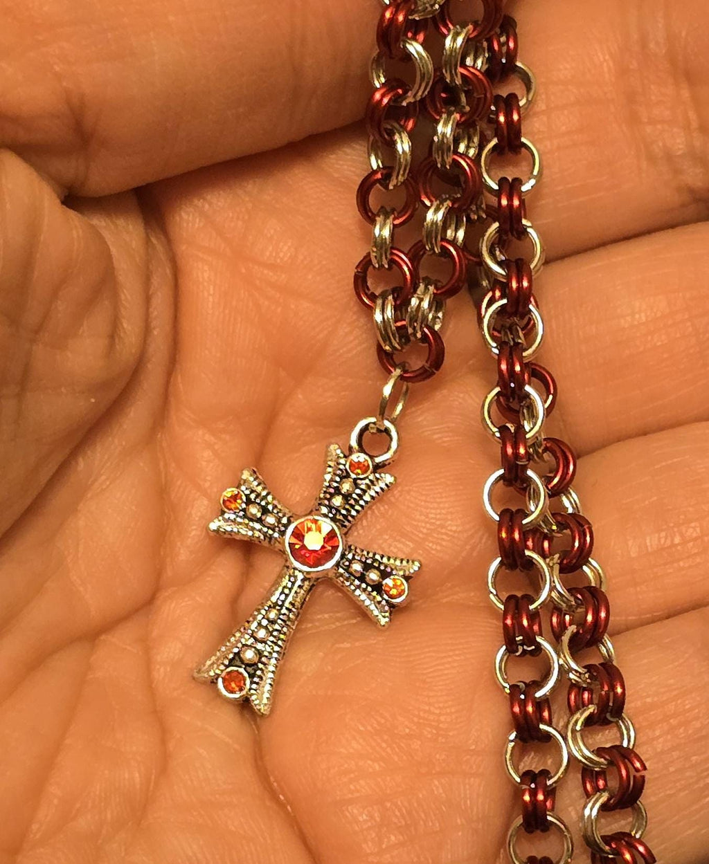 Gothic Cross Pendant Necklace | Red & Stainless Steel Double-Link Chain