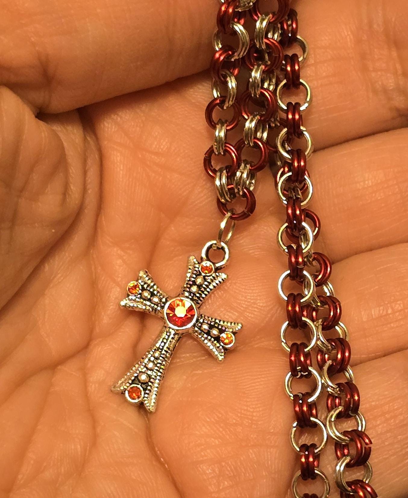 Gothic Cross Pendant Necklace | Red & Stainless Steel Double-Link Chain