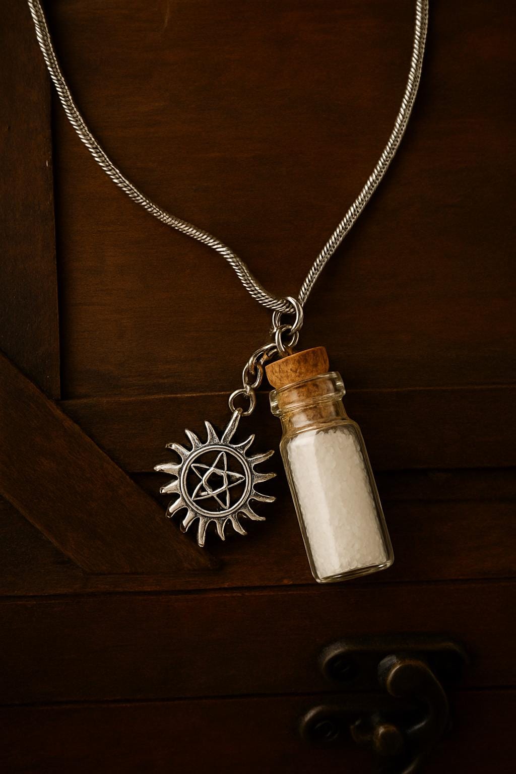 Supernatural Anti-Possession Necklace, Silver Snake Chain Charm, Salt Glass Jar Pendant 0.5ml, TV Show-Inspired Jewelry Gift