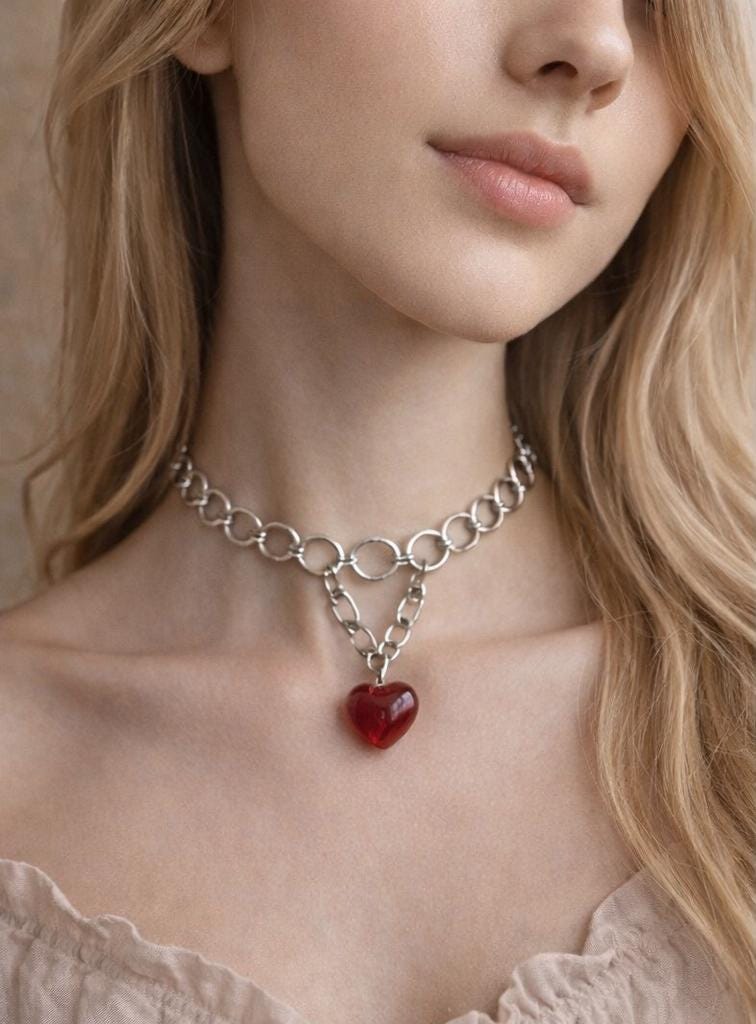 Gothic Red Heart Pendant & Stainless Steel Chain Link Choker