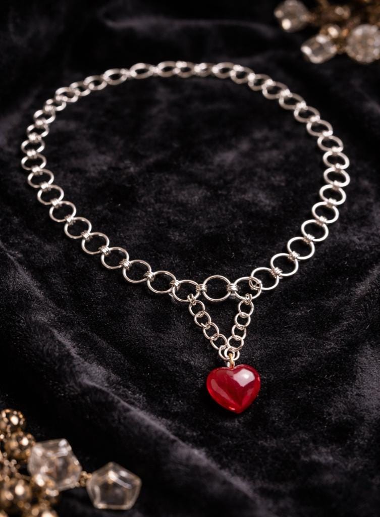 Gothic Red Heart Pendant & Stainless Steel Chain Link Choker