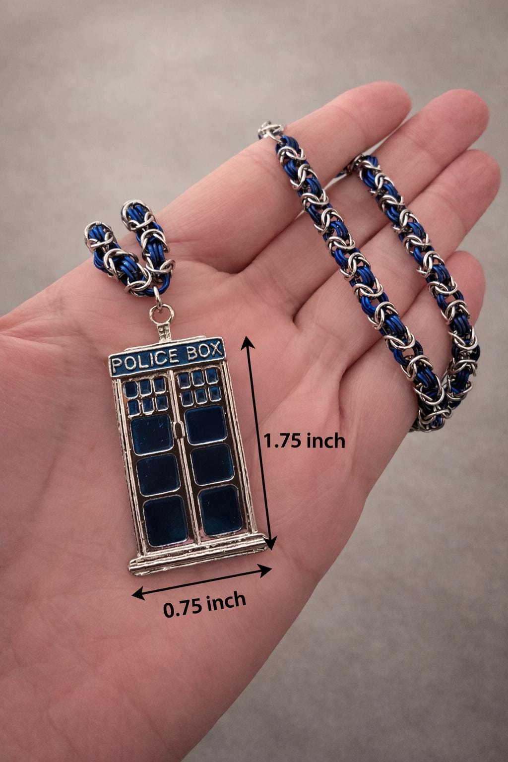 Doctor Who Tardis Large Pendant Blue and Silver Byzantine Chainmail Necklace