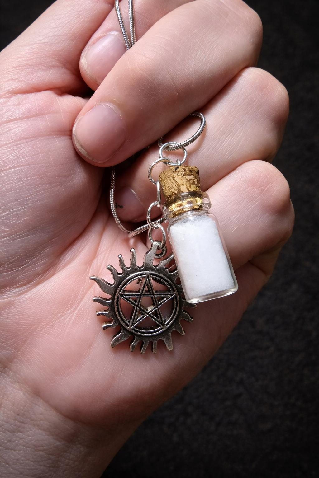 Supernatural Anti-Possession Necklace, Silver Snake Chain Charm, Salt Glass Jar Pendant 0.5ml, TV Show-Inspired Jewelry Gift