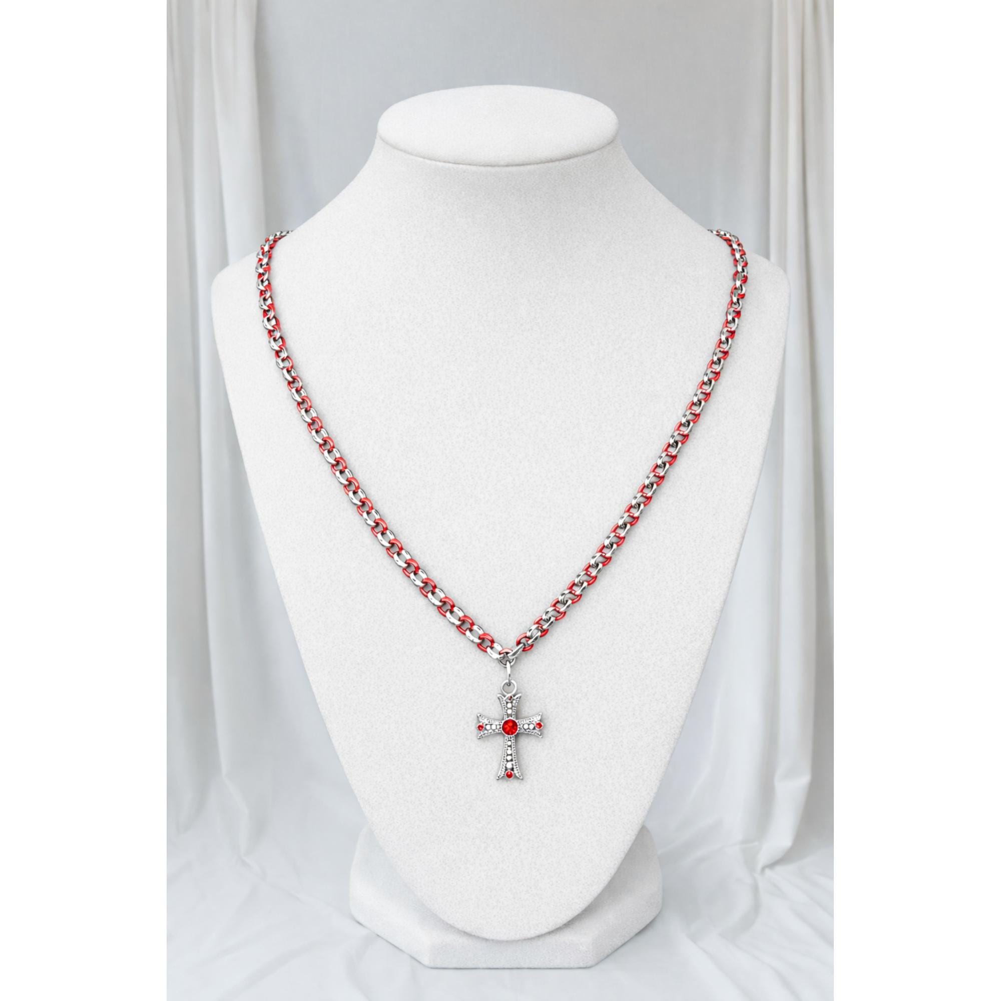 Gothic Cross Pendant Necklace | Red & Stainless Steel Double-Link Chain