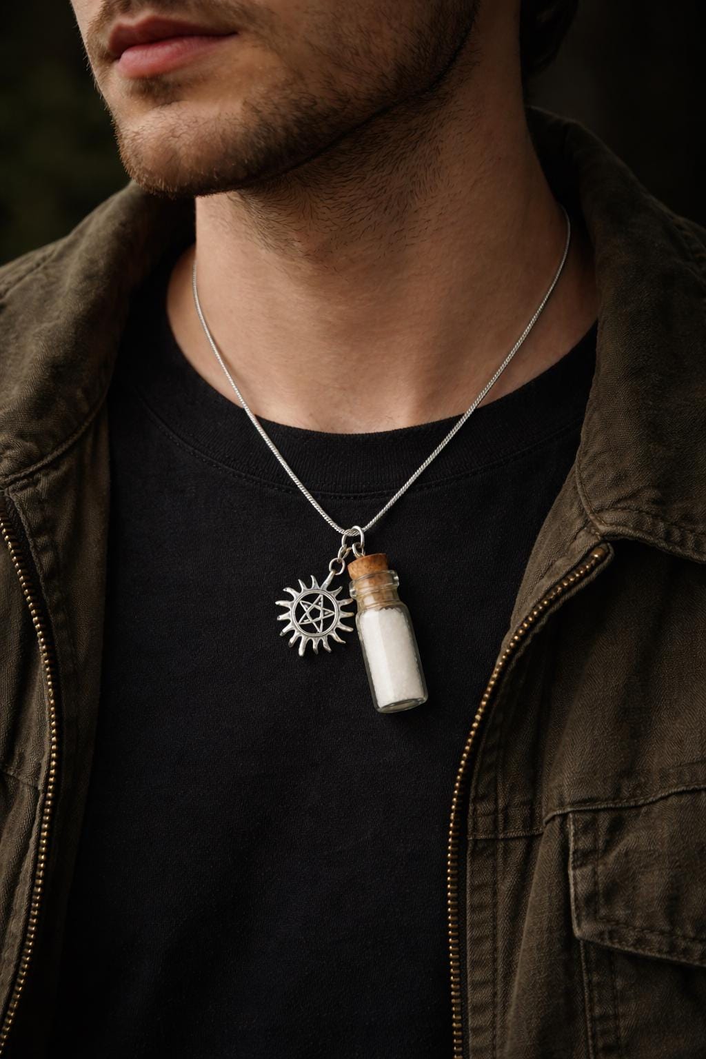 Supernatural Anti-Possession Necklace, Silver Snake Chain Charm, Salt Glass Jar Pendant 0.5ml, TV Show-Inspired Jewelry Gift