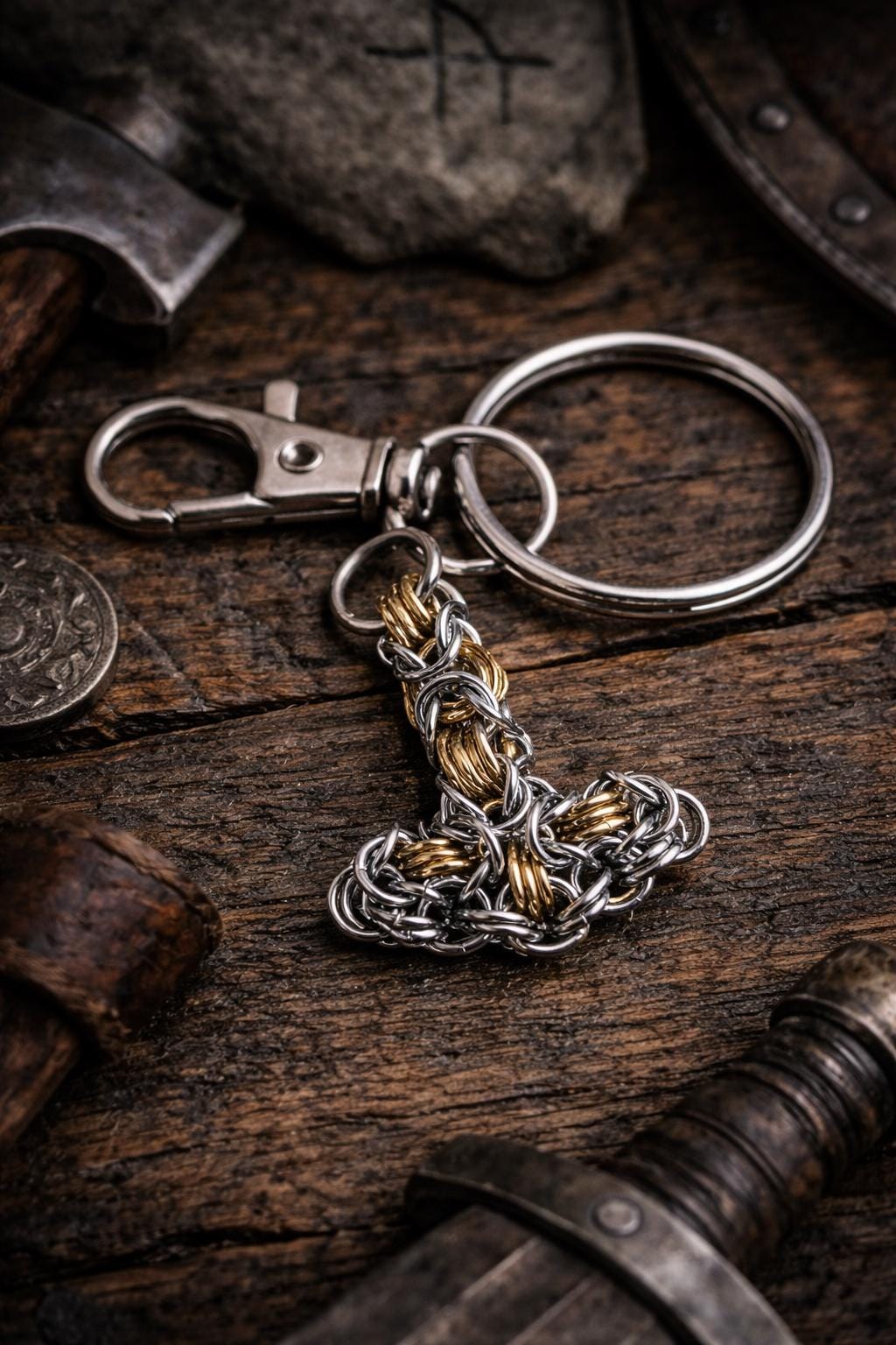 Thor Hammer Goth Keychain | Byzantine Chain Gold & Silver