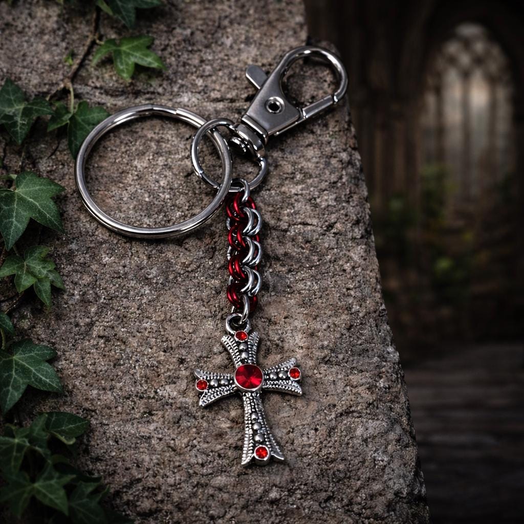 Gothic Cross Pendant Keychain | Red & Stainless Silver Double-Link Chain