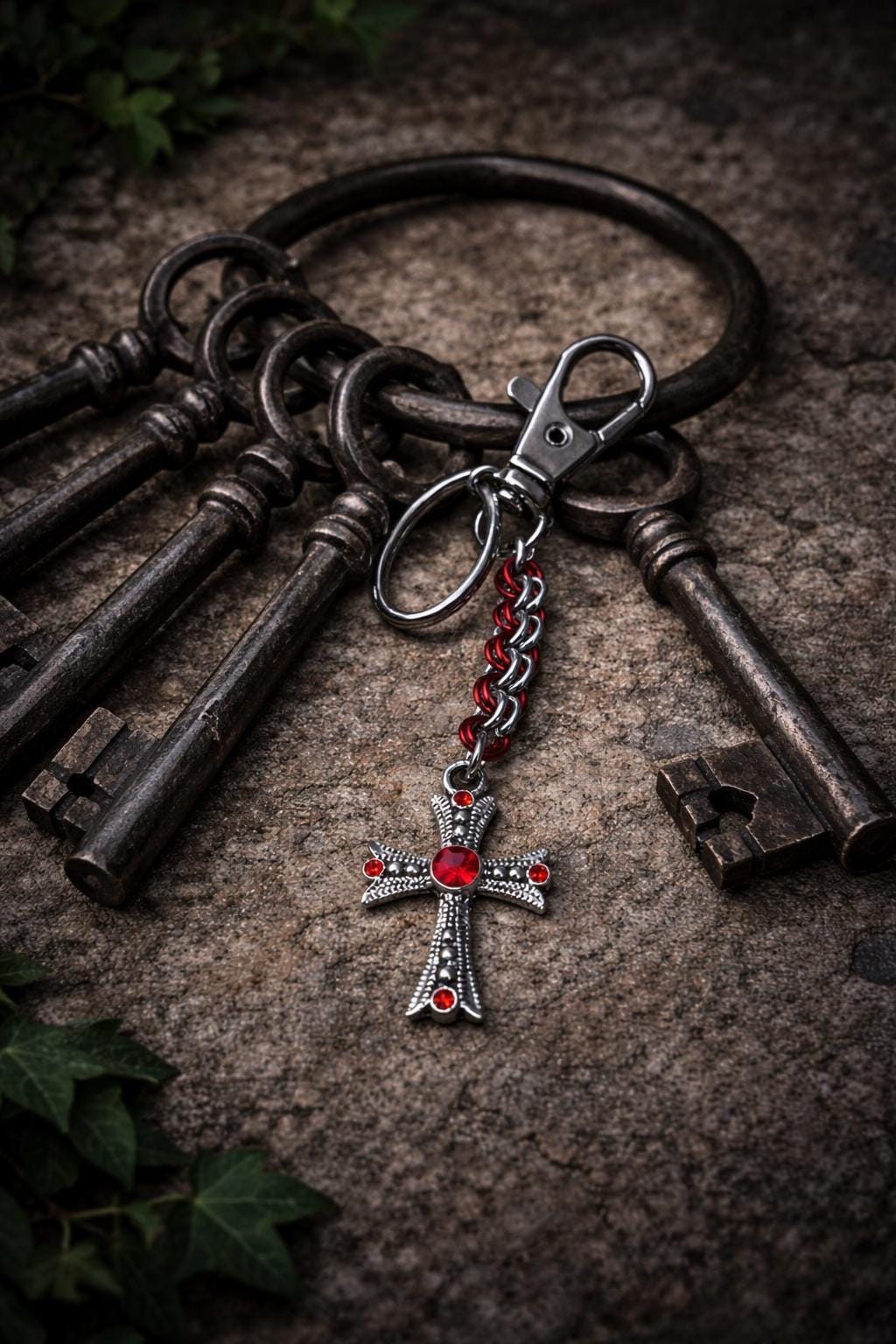 Gothic Cross Pendant Keychain | Red & Stainless Silver Double-Link Chain