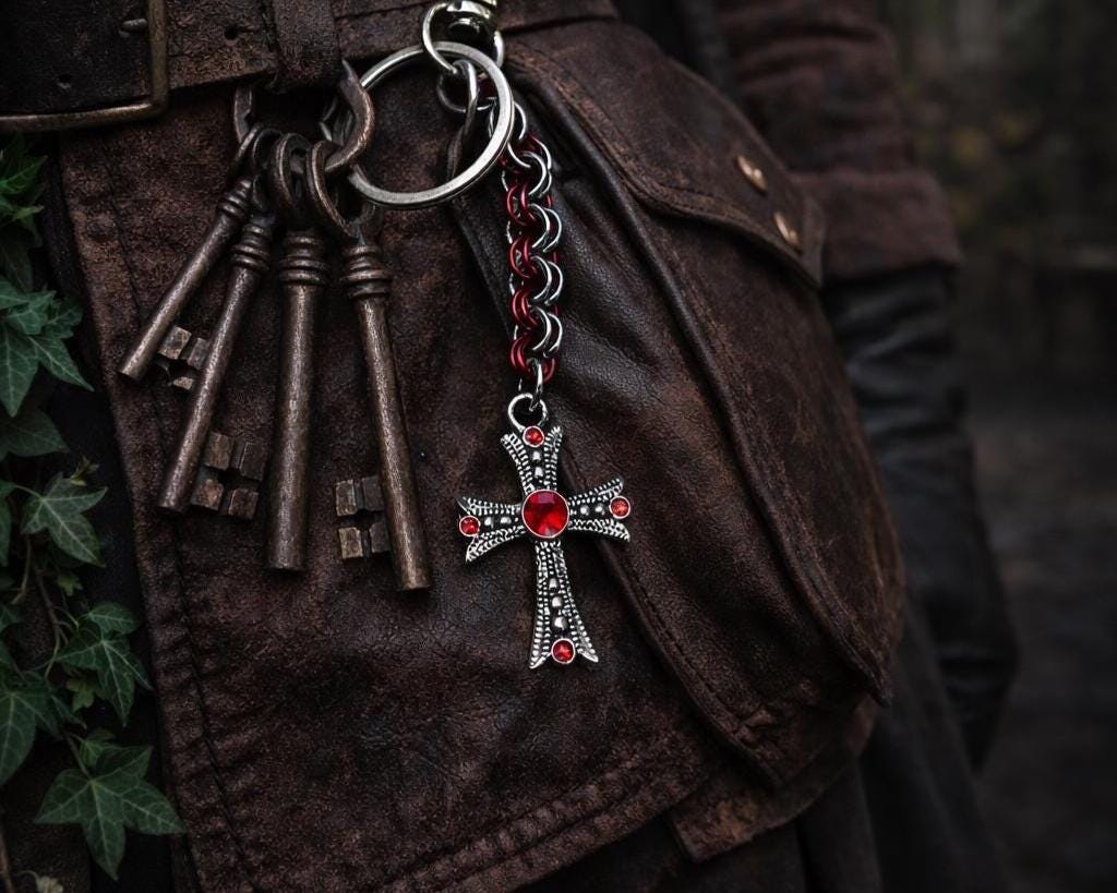 Gothic Cross Pendant Keychain | Red & Stainless Silver Double-Link Chain