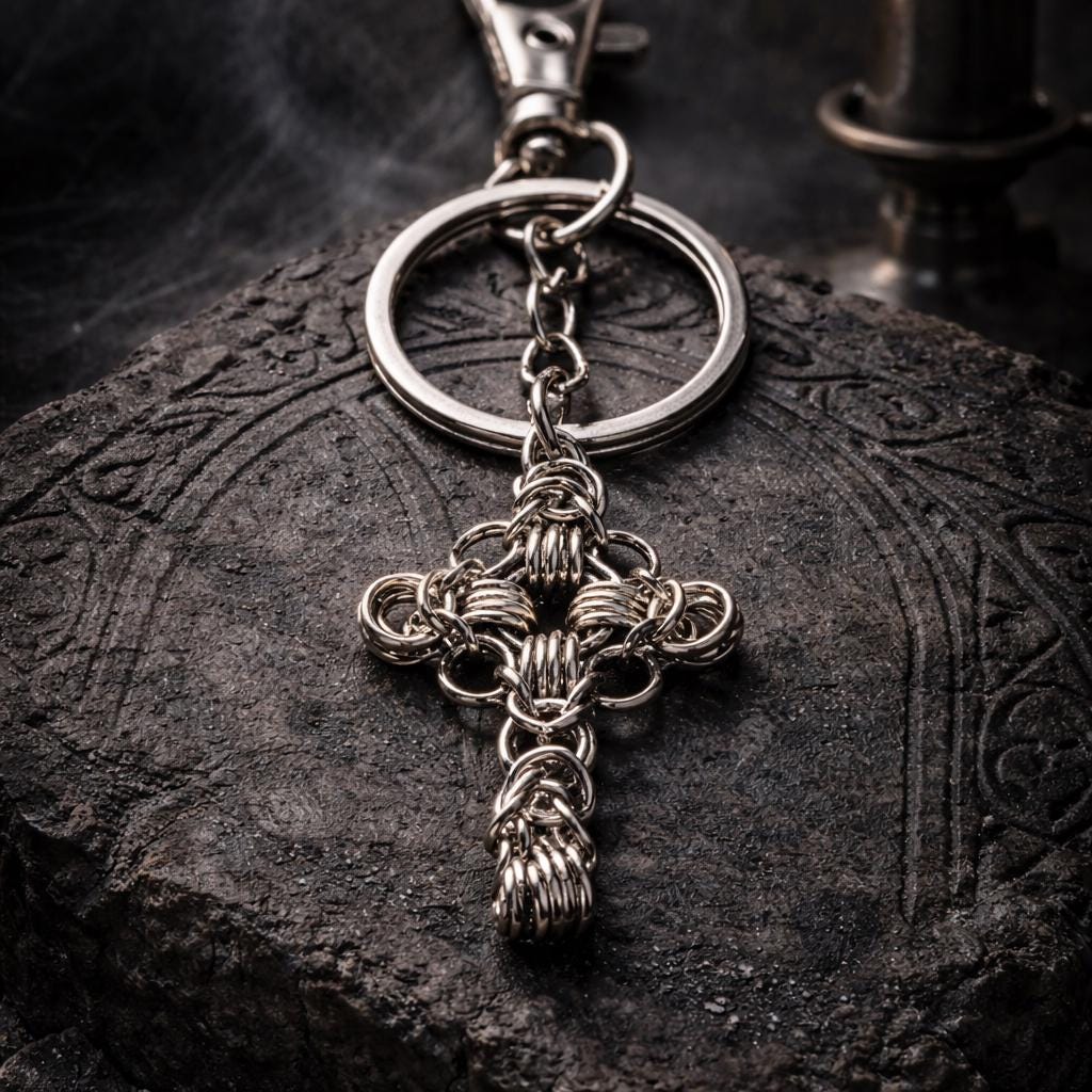 Gothic Cross Byzantine Keychain Handmade Stainless Steel Keychain with Clip Medieval Gothic Chain Accessory Gift