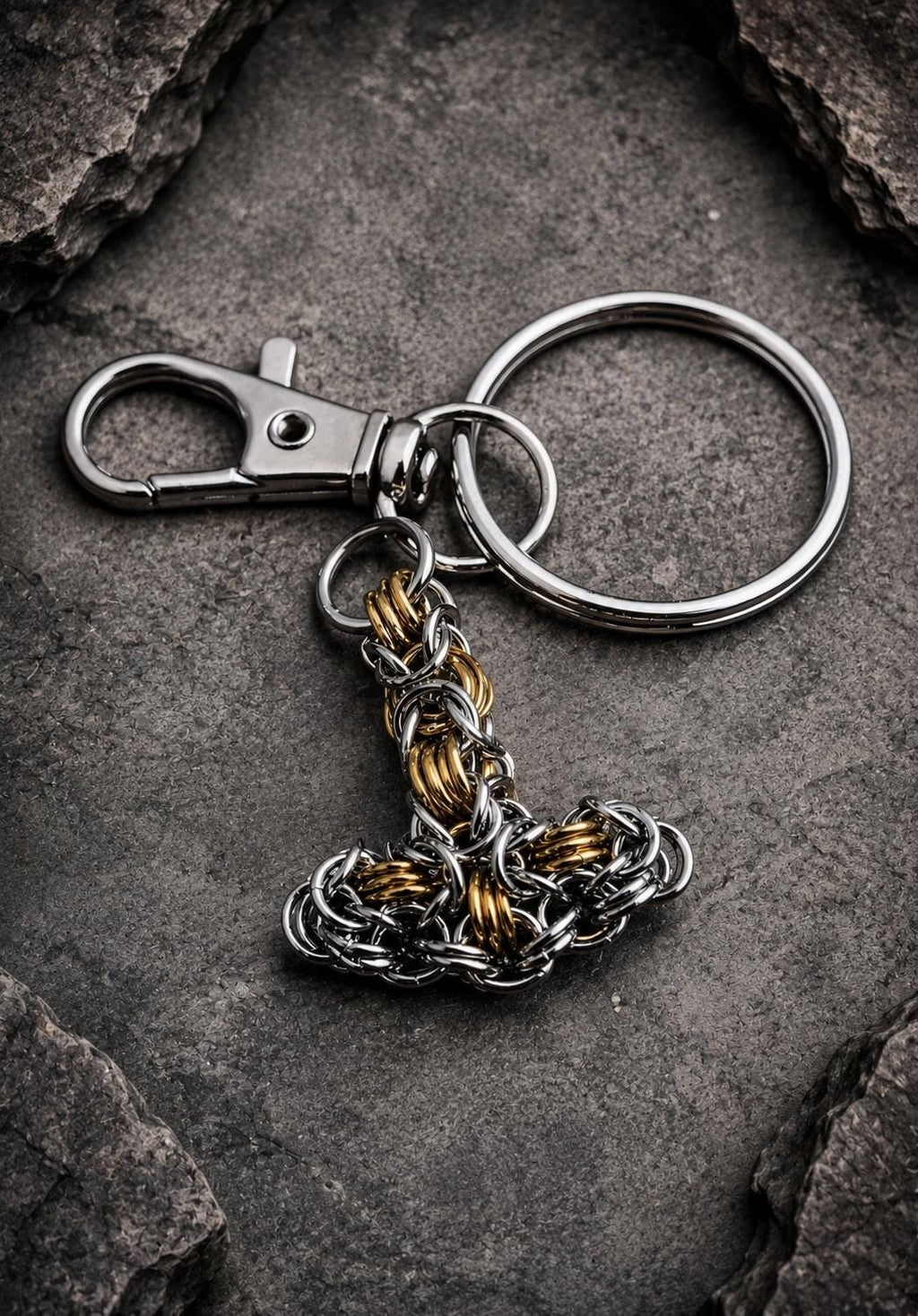 Thor Hammer Goth Keychain | Byzantine Chain Gold & Silver