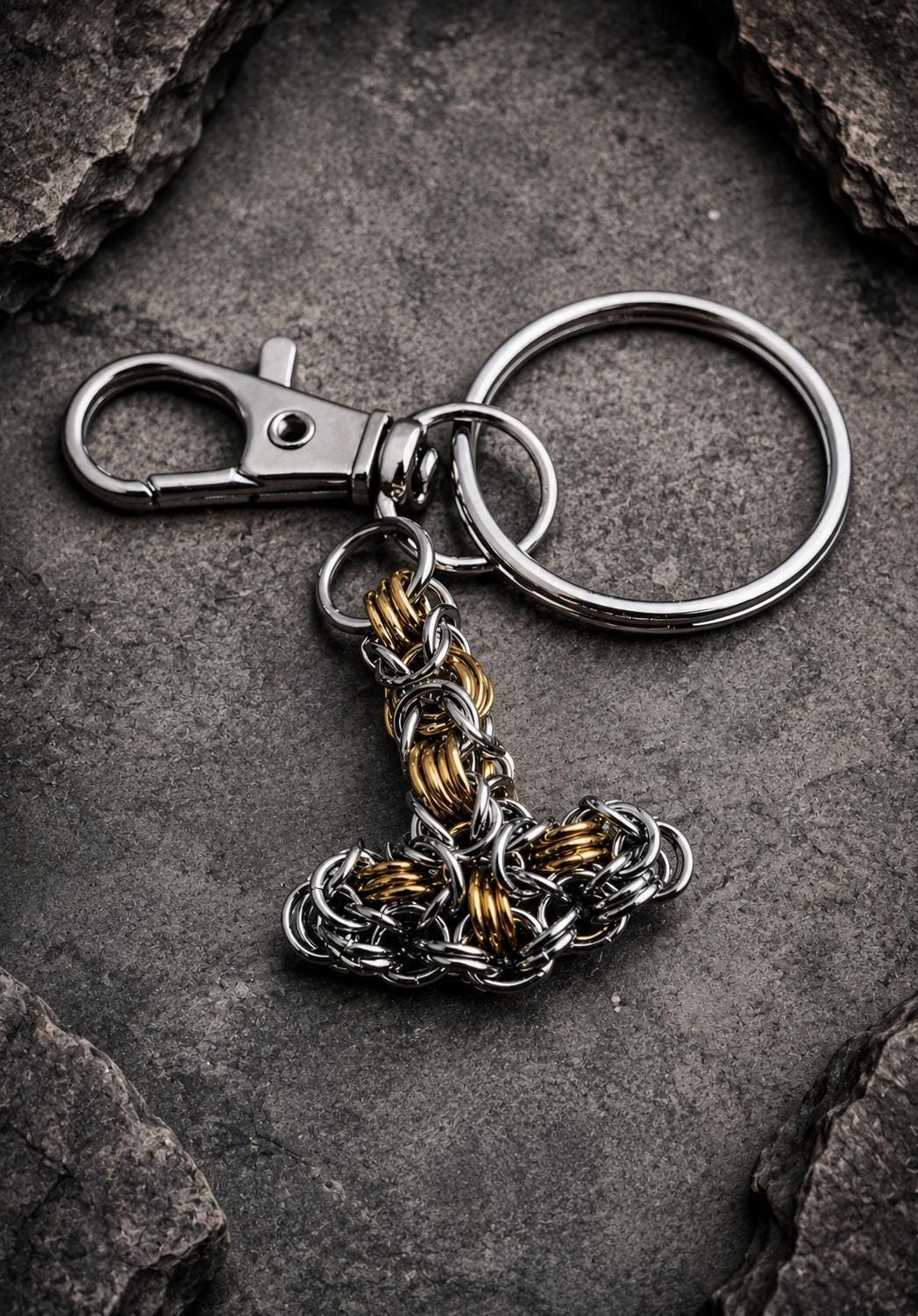 Thor Hammer Goth Keychain | Byzantine Chain Gold & Silver