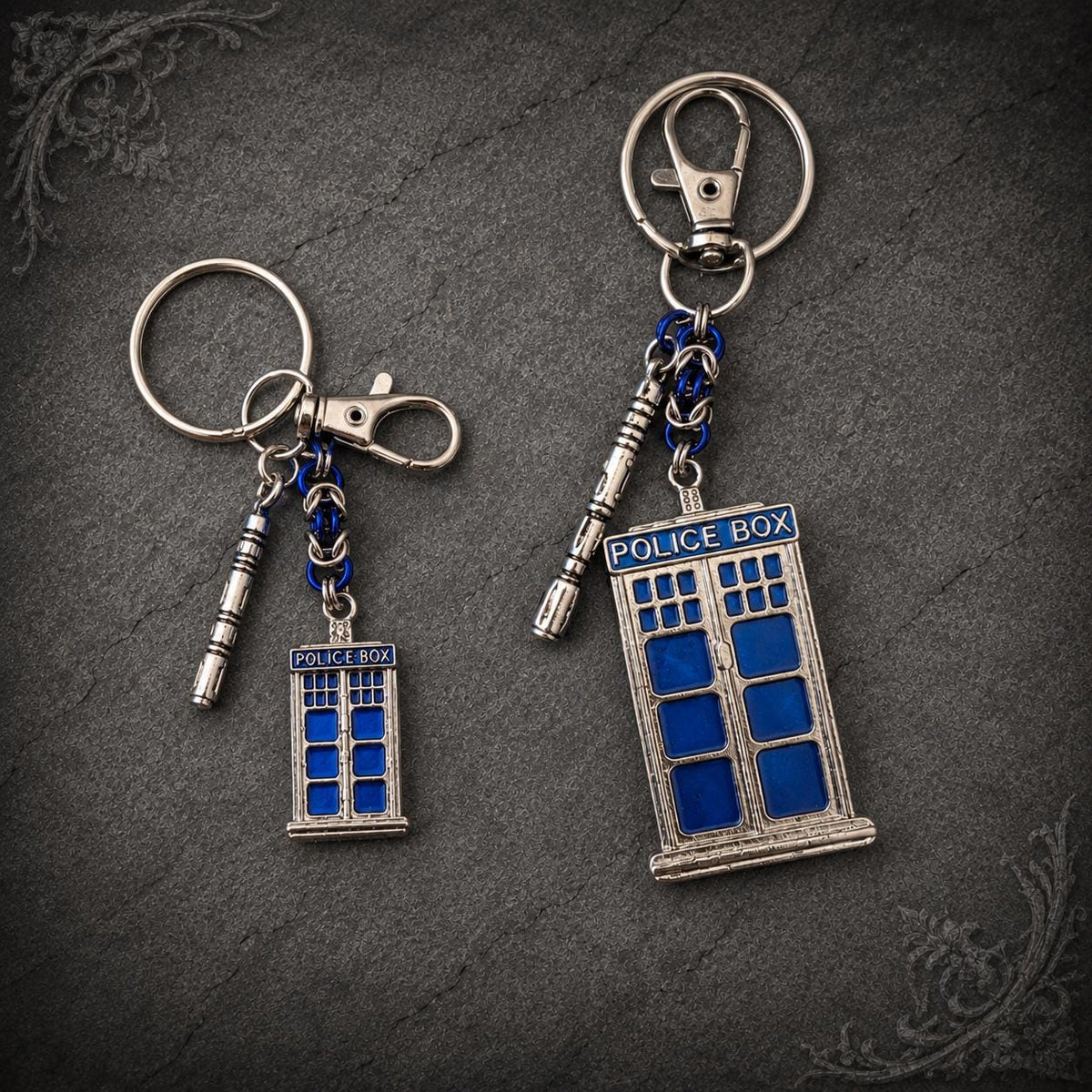Doctor Who Byzantine Keychain | Sonic Screwdriver & Tardis - Large and Small Options