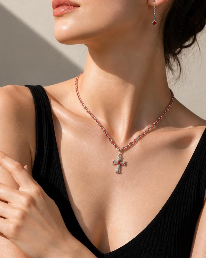 Gothic Cross Pendant Necklace | Red & Stainless Steel Double-Link Chain