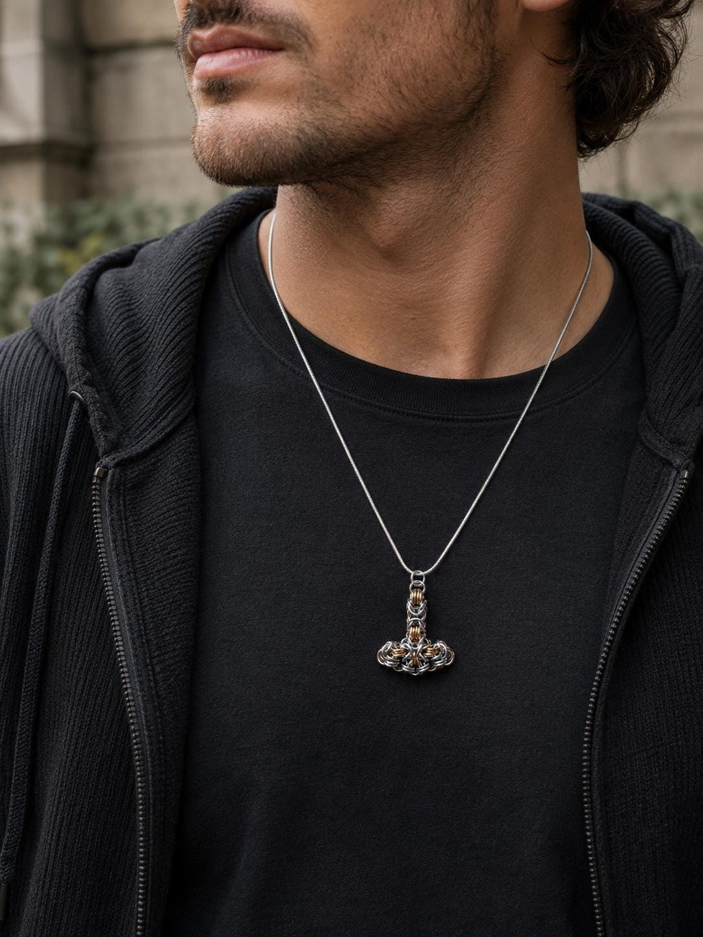 Thor Hammer Goth Necklace | Byzantine Gold & Silver | Snake Chain Chord