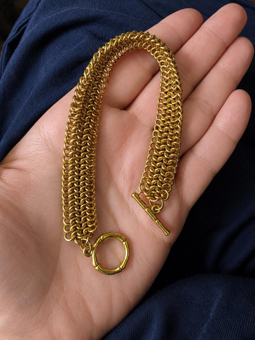 Bracelet European Gold Colored Wristlet 4-in-1 Weave Style Chainmail with Interlocking Slip-Through Closure