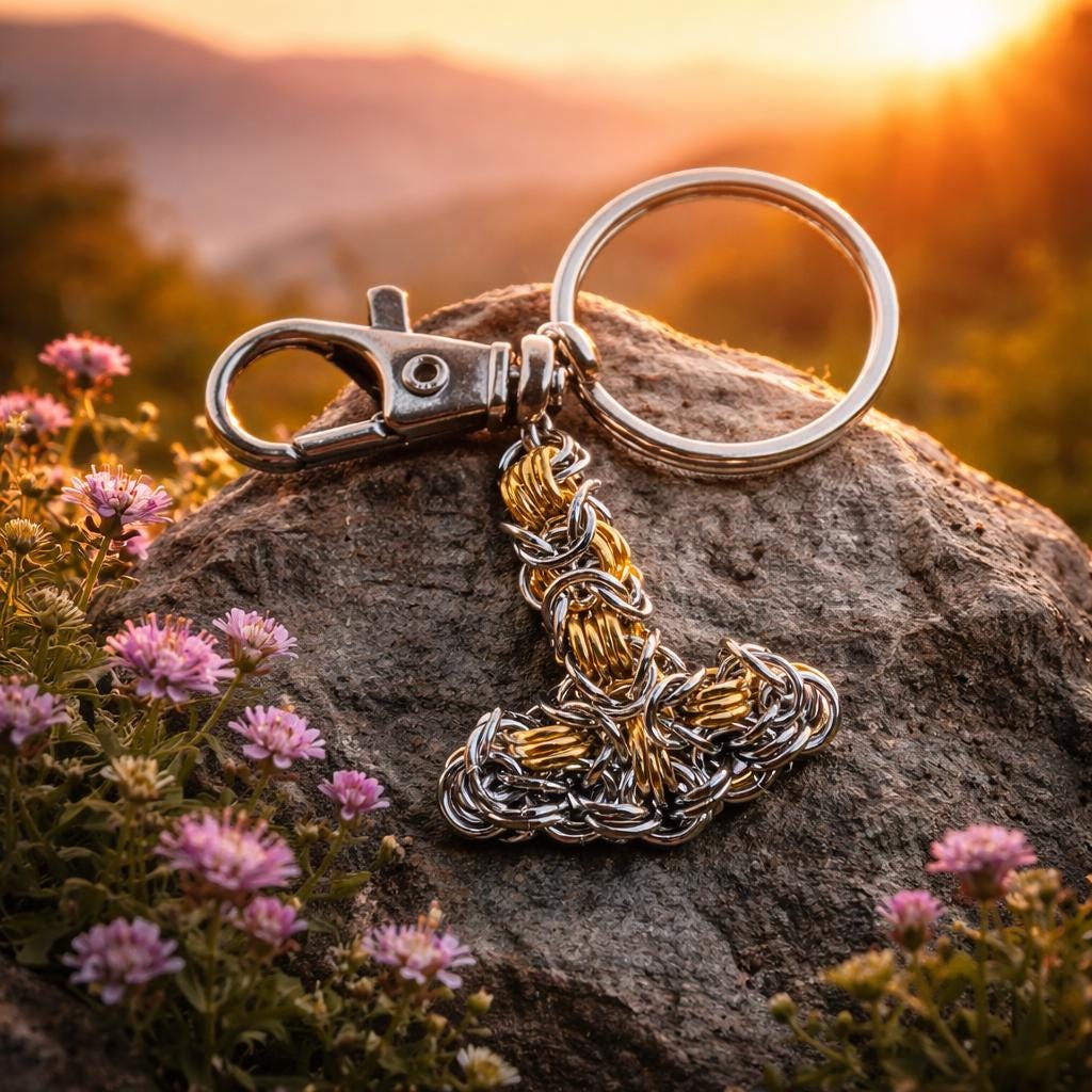Thor Hammer Goth Keychain | Byzantine Chain Gold & Silver