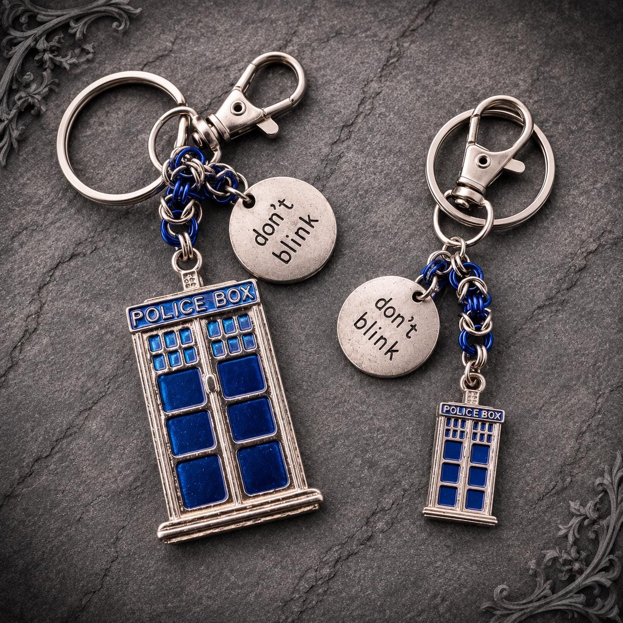 Doctor Who Byzantine Keychain | Don't Blink Charm & Tardis Police Box Pendant - Large and Small Options