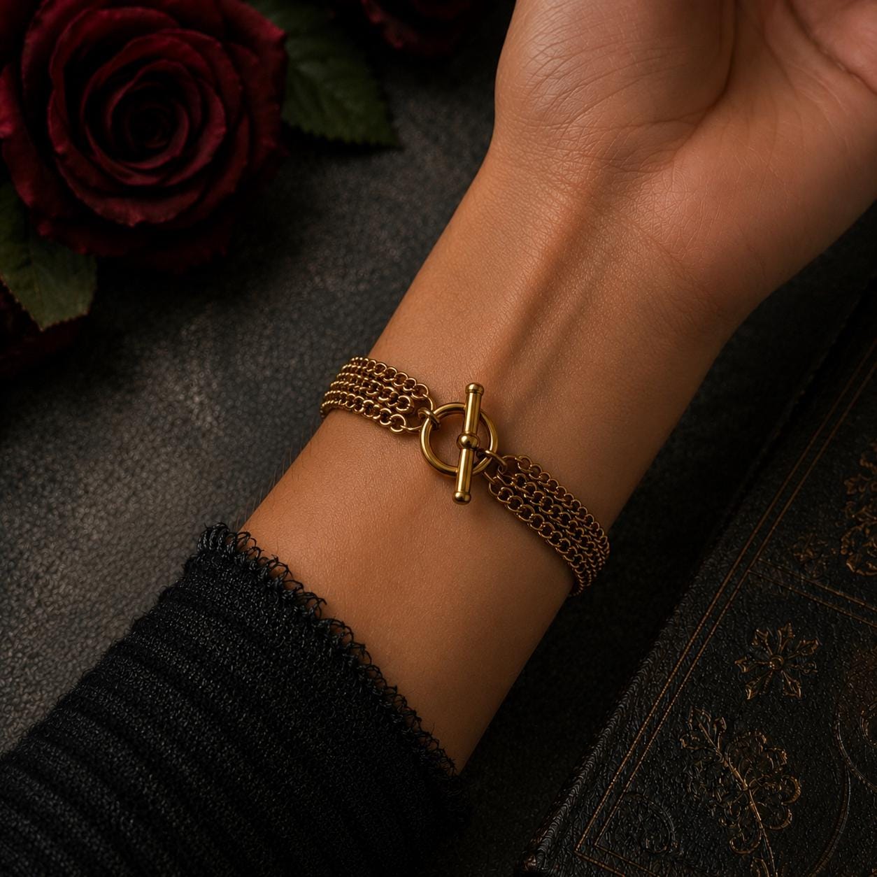 Bracelet European Gold Colored Wristlet 4-in-1 Weave Style Chainmail with Interlocking Slip-Through Closure