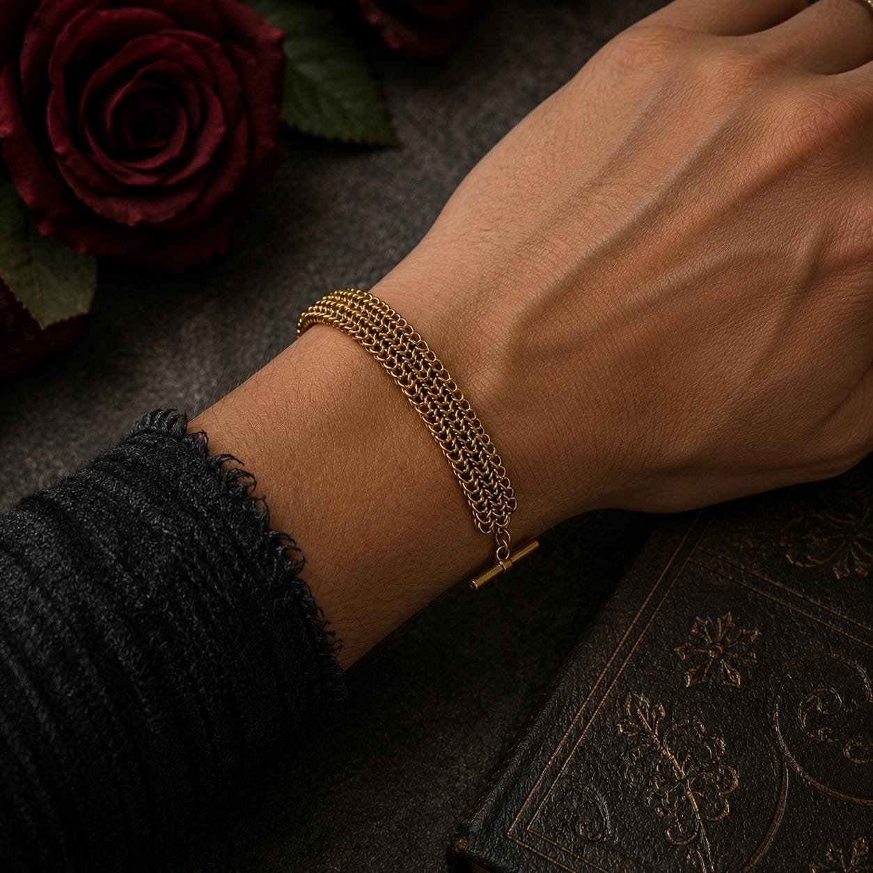 Bracelet European Gold Colored Wristlet 4-in-1 Weave Style Chainmail with Interlocking Slip-Through Closure