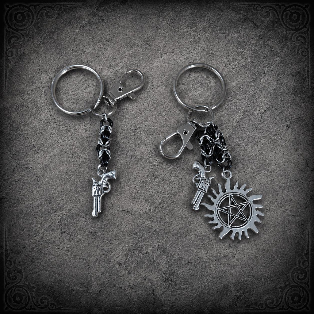 Supernatural Anti-Possession & Revolver Charms Keychain Duo with Byzantine Weave Style