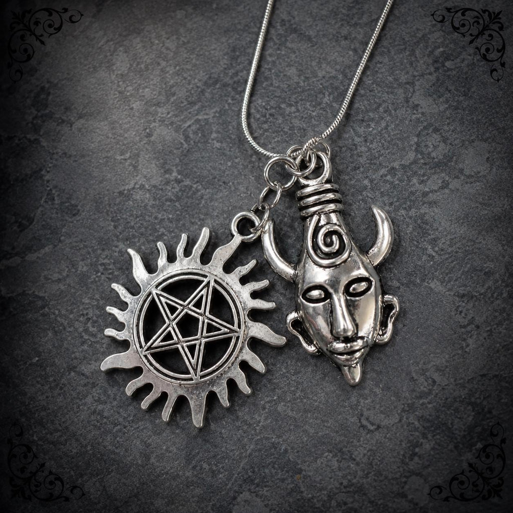Supernatural Dean's God Amulet Pendant & Anti-Possession Icon Charm on a Silver Snake Chain Necklace
