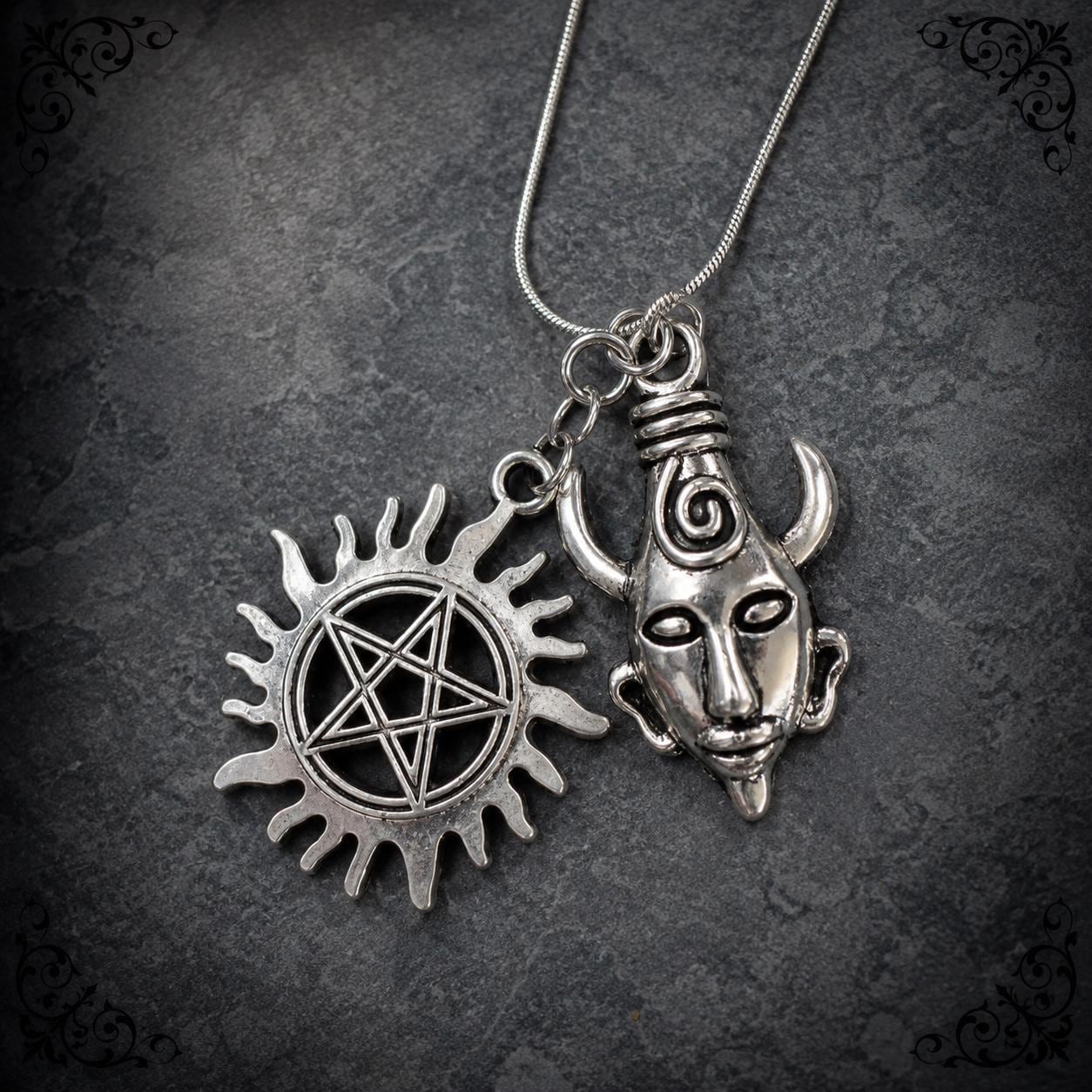 Supernatural Dean's God Amulet Pendant & Anti-Possession Icon Charm on a Silver Snake Chain Necklace