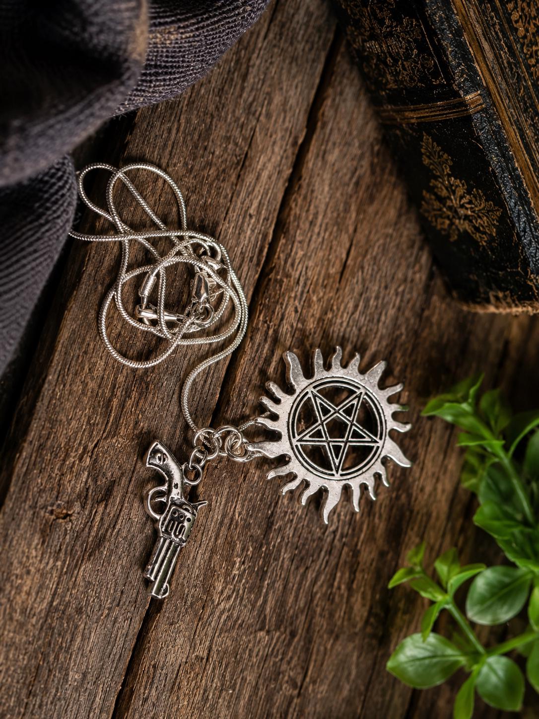 Supernatural Revolver Pendant & Anti-Possession Icon Charm on a Silver Snake Chain Necklace