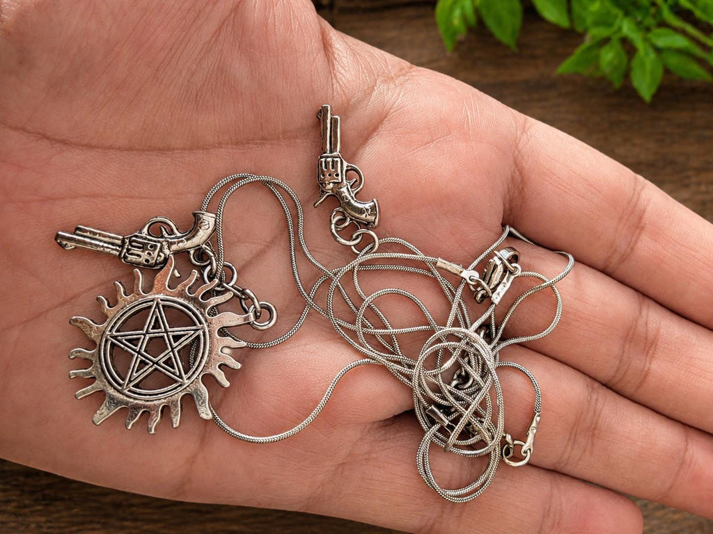 Supernatural Revolver Pendant & Anti-Possession Icon Charm on a Silver Snake Chain Necklace