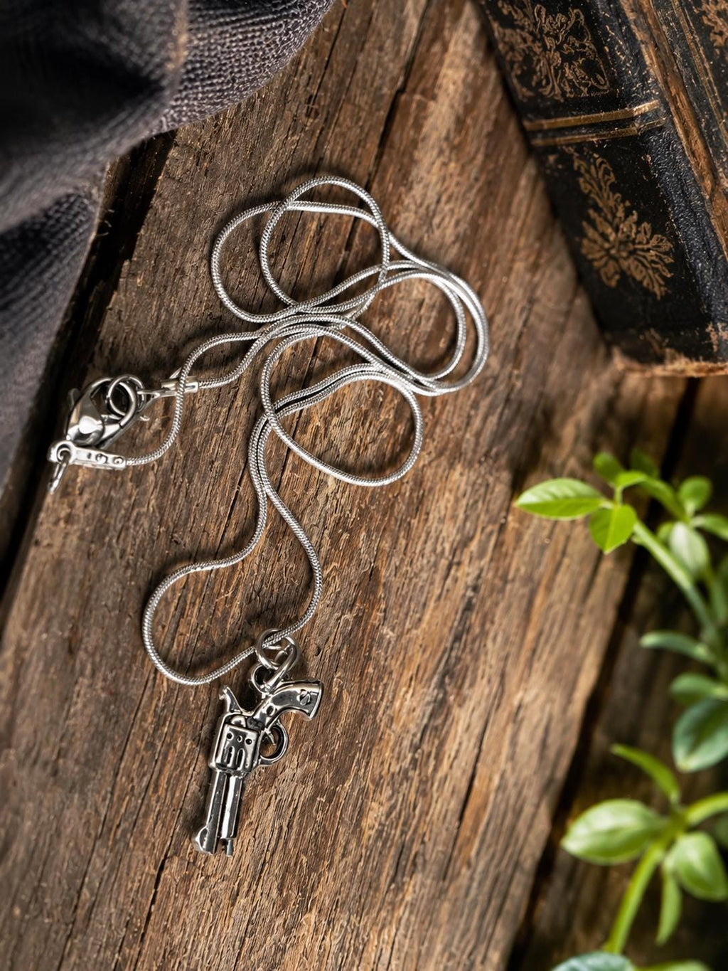 Supernatural Revolver Pendant & Anti-Possession Icon Charm on a Silver Snake Chain Necklace