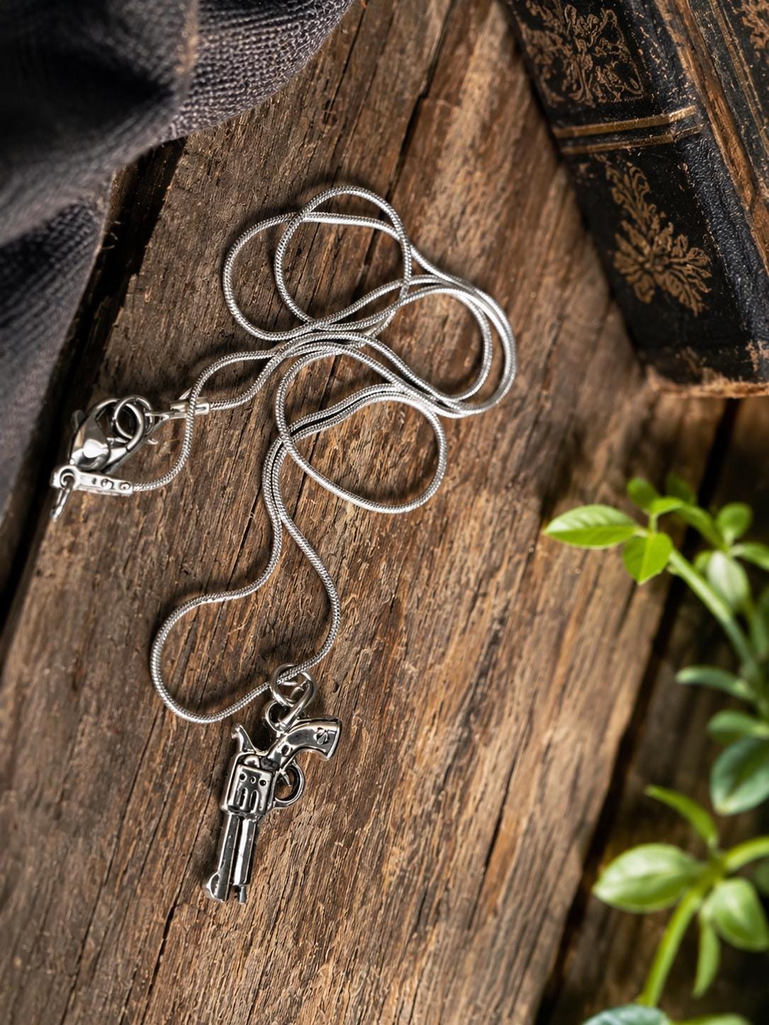 Supernatural Revolver Pendant & Anti-Possession Icon Charm on a Silver Snake Chain Necklace
