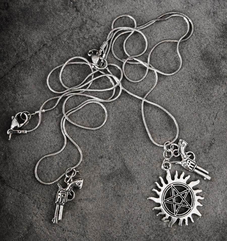 Supernatural Revolver Pendant & Anti-Possession Icon Charm on a Silver Snake Chain Necklace